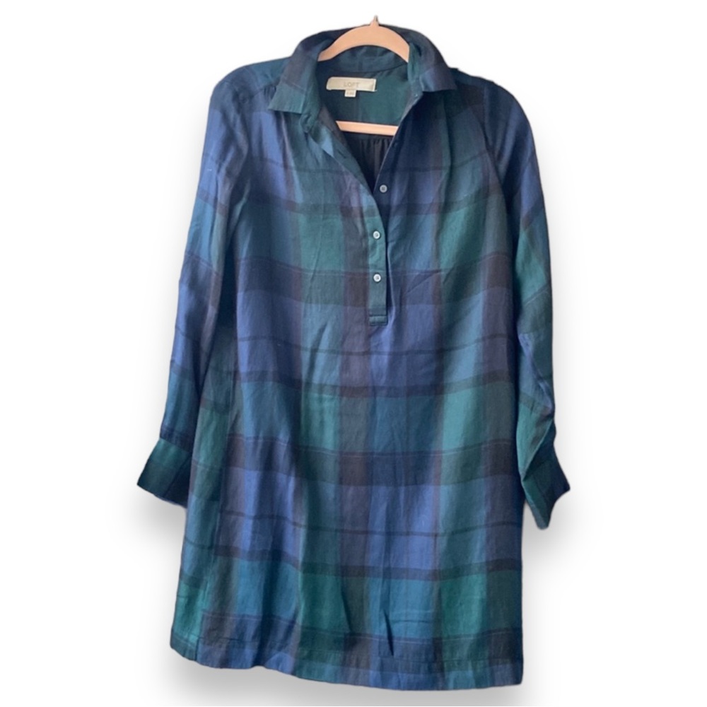 Loft Navy Green Tartan Plaid Shirt Dress W/ Sleeves XS perfect for fall, winter